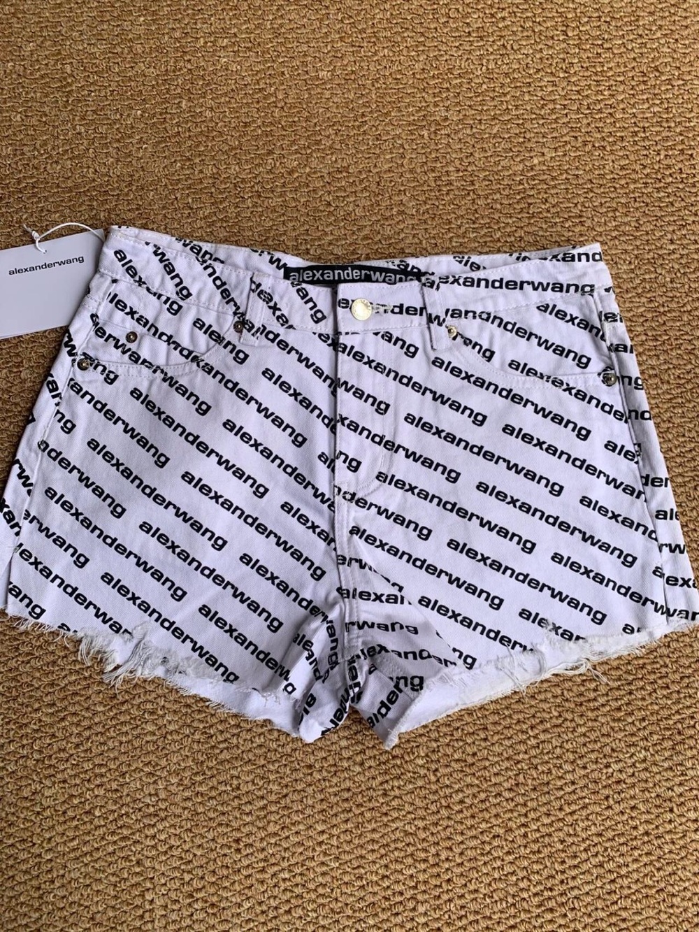 Alexander Wang White Logo-Print Denim Cutoff Shorts